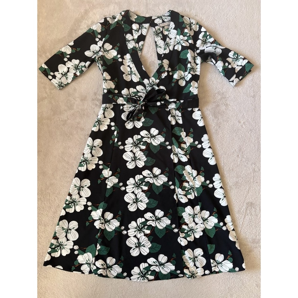Ethereal Floral Midi Dress Cutout Tie Waist‎ Spring Summer Black Size S